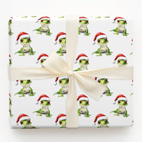 Santa Hat Lizard Gift Wrap Roll, Green Gecko Christmas Wrapping Paper, Adorable Reptile Holiday Wrapping Paper, Animal Lover Xmas Gift Wrap