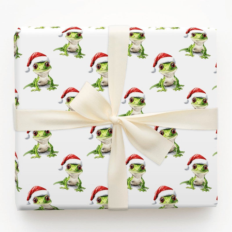 Santa Hat Lizard Gift Wrap Roll, Green Gecko Christmas Wrapping Paper, Adorable Reptile Holiday Wrapping Paper, Animal Lover Xmas Gift Wrap