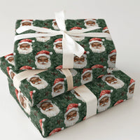 Green Holiday Pine Gift Wrap, Watercolor Black Santa Wrapping Paper, Inclusive Santa Claus Wrapping Paper, Festive Christmas Gift Wrap Roll