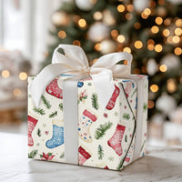 Watercolor Holly Holiday Gift Wrap, Christmas Stocking Wrapping Paper, Winter Botanical Wrapping Paper Roll, Festive Pine Xmas Present Wrap