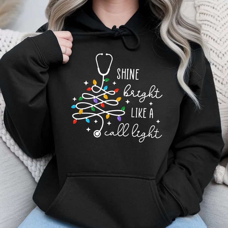 Nurse Christmas Hoodie, Shine Bright Like a Call Light Hoodie, Nurse Stethoscope Tree Hooded Sweatshirt, RN Holiday Pullover, Nurse Present