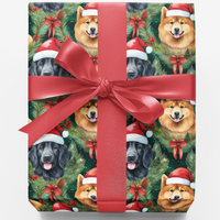 Christmas Dog Wreath Gift Wrap, Flat-Coated Retriever and Shiba Inu Wrapping Paper, Adorable Puppy Holiday Wrapping Paper, Pet Lover Xmas Wrap