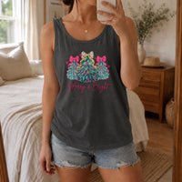 Retro Colorful Xmas Tree Tank, Merry and Bright Christmas Tree Tank Top, Pink Bow Holiday Sleeveless Tee, Christmas Beach Tank, Xmas Present