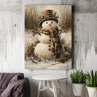 Vintage Winter Holiday Painting Print, Rustic Snowman Canvas Wall Art, Snowy Farmhouse Christmas Wall Decor, Seasonal Digital Download