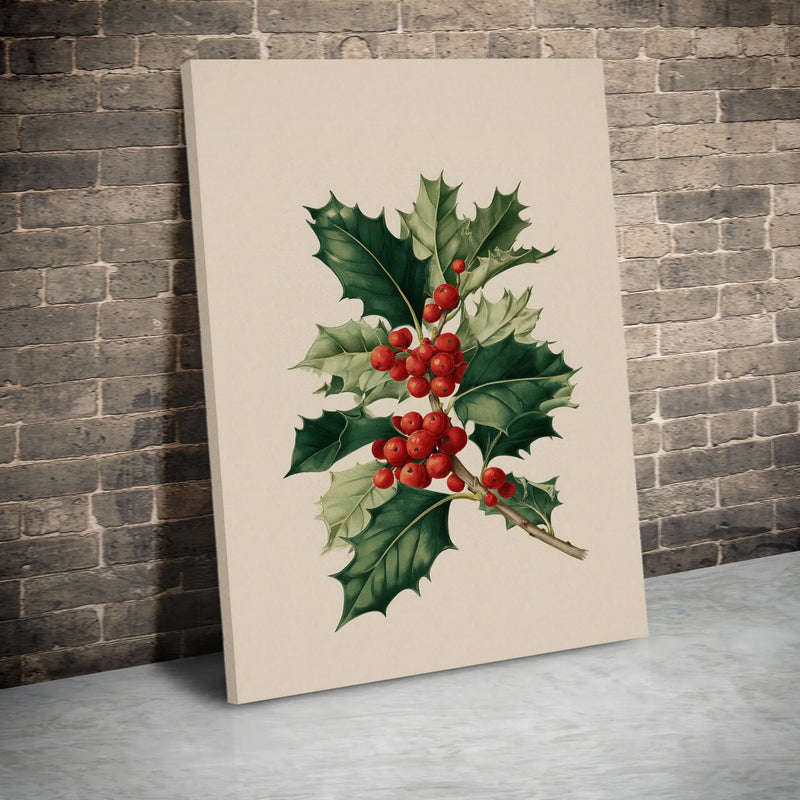 Classic Christmas Wall Art, Vintage Holly Berry Botanical Canvas Print, Holiday Botanical Poster, Festive Xmas Decor, Digital Download Art