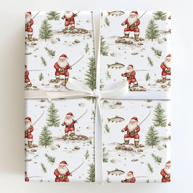 Rustic Snowy Angler Gift Wrap, Winter Fishing Santa Wrapping Paper, Christmas Outdoorsman Wrapping Paper, Fisherman Present