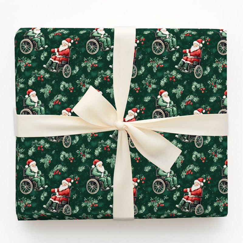 Dark Green Christmas Gift Wrap, Wheelchair Santa Claus Wrapping Paper, Inclusive Holiday Wrapping Paper, Pine Holly Xmas Gift Wrap