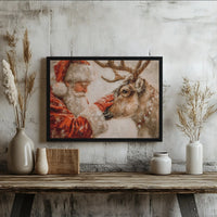 Whimsical Snowy Christmas Scene Poster, Santa Claus Reindeer Canvas Wall Art, Holiday Reindeer Art Print, Xmas Santa Art Digital Download