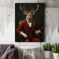 Gentleman Stag Red Suit Canvas Wall Art, Dapper Reindeer Canvas Print, Christmas Deer Portrait Canvas, Holiday Wall Decor, Winter Xmas Present