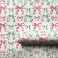 Pink and Sage Green Holiday Gift Wrap, Watercolor Bow Wrapping Paper, Adorable Coquette Christmas Wrapping Paper, Pastel Xmas Gift Wrap Roll