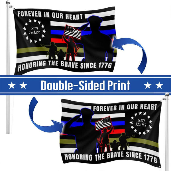 Forever in Our Heart 250 Years Military Flag | Double-Sided Polyester Grommet Flag | Veterans Day Memorial Gift for Service Members