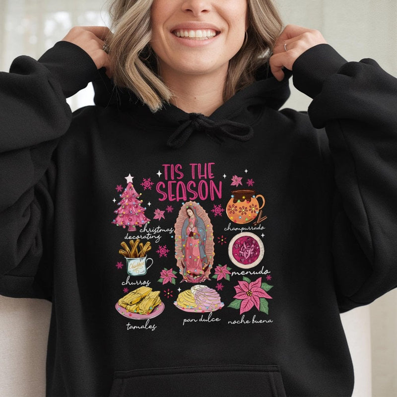 Tis the Season Tamales Conchas Food Hooded Sweatshirt, Mexican Christmas Hoodie, Latino Heritage Holiday Hoodie, Festive Winter Pullover