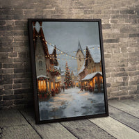 Winter Market Painting Style Print, Christmas Village Snowy Street Canvas Wall Art, Warm Glow Holiday Poster, Digital Download Festive Decor