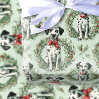 Sage Green Dog Gift Wrap, Dalmatian Puppy Christmas Wrapping Paper, Wreath Present Wrap, Pet Lover Holiday Wrapping Paper, Xmas Gift Wrap