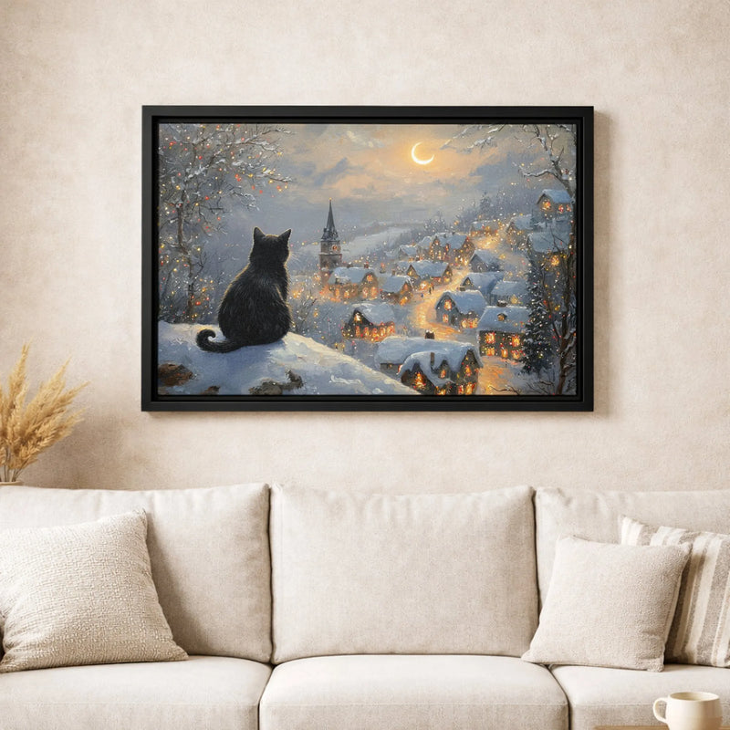 Winter Night Holiday Canvas Art, Black Cat Snowy Christmas Village Canvas, Festive Christmas Cat Canvas Print, Comfy Winter Scene Wall Decor
