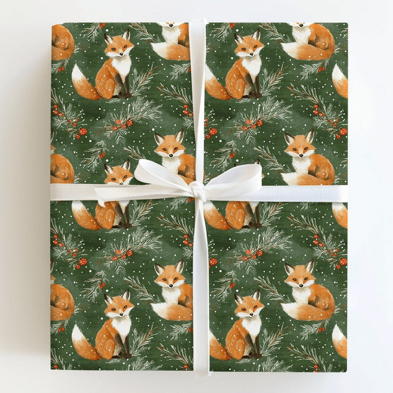 Snowy Pine Holiday Gift Wrap, Woodland Fox Christmas Wrapping Paper, Red Fox Winter Wrapping Paper, Rustic Forest Gift Wrap, Xmas Gift Wrap