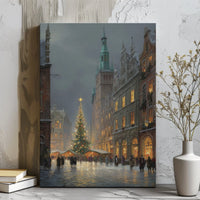 Snowy Old Town Square Canvas, European Christmas Market Canvas Art, Festive Winter Cityscape Wall Art, Christmas Market Canvas, Holiday Present