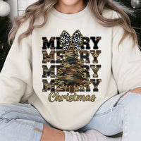 Rustic Leopard Bow Holiday Pullover, Merry Christmas Camo Tree Sweatshirt, Farmhouse Xmas Tree Crewneck, Adorable Winter Season Camo Sweater
