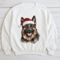 Santa Hat Dog Holiday Sweater, German Shepherd Christmas Sweatshirt, Watercolor Dog Portrait Crewneck, Dog Lover Xmas Pullover