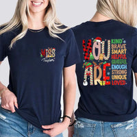 Custom Name Holiday Educator Shirt, Personalized Christmas Teacher T-Shirt, Two Sided Festive Graphic Tee, Xmas Teacher Season Present