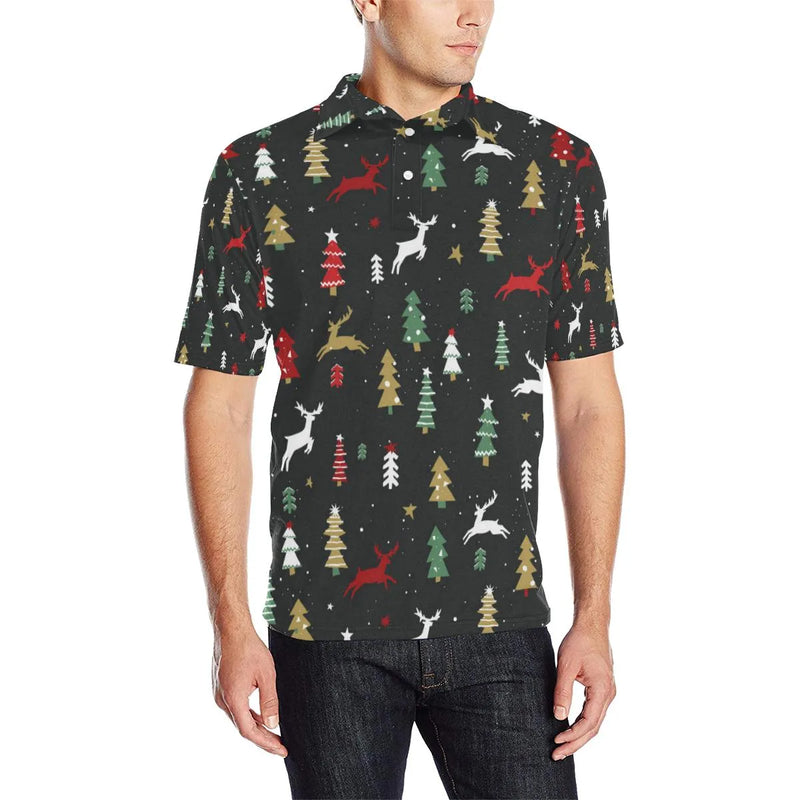 Holiday Festive Deer Graphic Polo Shirt, Christmas Tree Deer Polo Shirt, Mens Ugly Xmas Pattern Golf Polo, Christmas Party Top