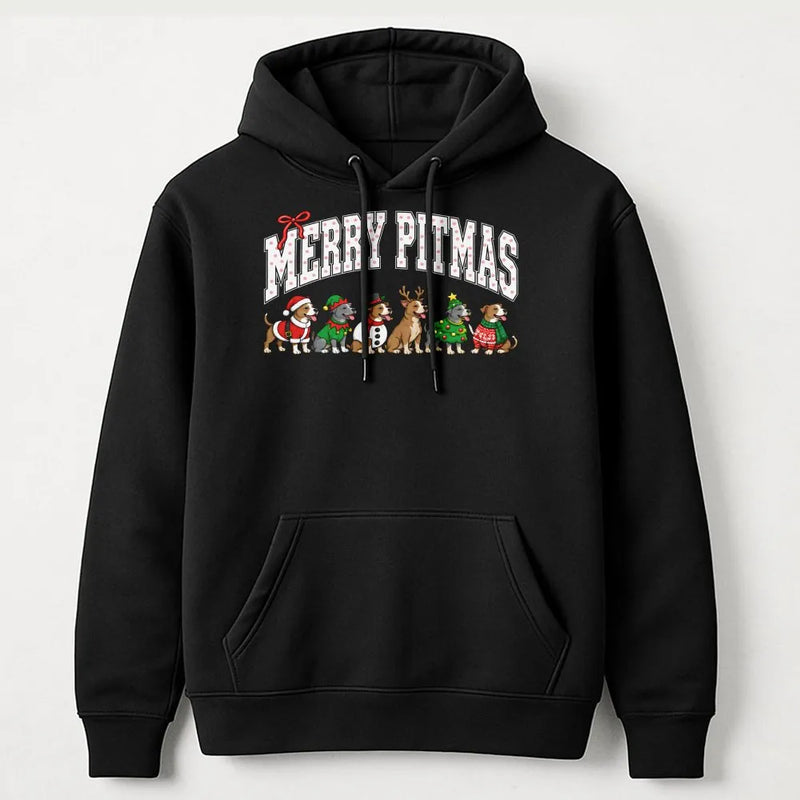 Humorous Pit Bull Christmas Hoodie, Merry Pitmas Hoodie, Pitbull Dog Mom Hooded Sweatshirt, Holiday Xmas Dog Lover Present