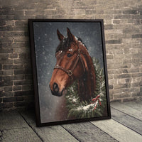 Brown Horse with Festive Wreath in Snow Canvas Print, Horse Christmas Wall Art, Winter Equestrian Canvas Art, Holiday Farmhouse Decor Present