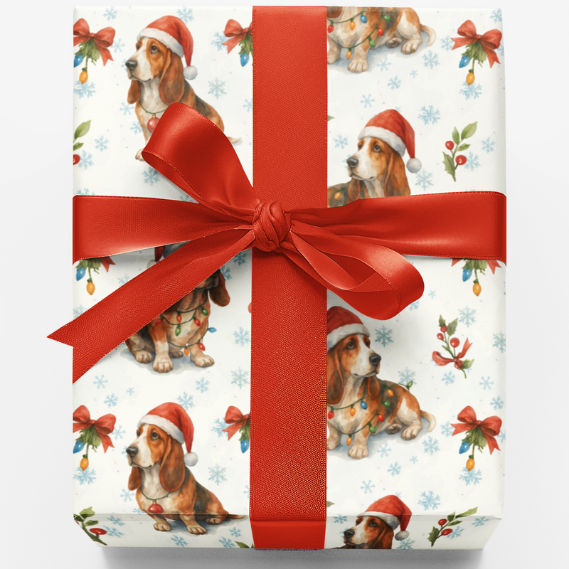 Santa Hat Dog Holiday Gift Wrap Roll, Basset Hound Christmas Wrapping Paper, Adorable Dog Lover Wrapping Paper, Festive Xmas Present Packaging