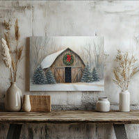 Snowy Farmhouse Christmas Wreath Print, Rustic Winter Barn Canvas Wall Art, Holiday Winter Landscape Canvas, Country Home Wall Decor