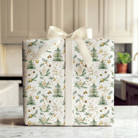 Pinecone Holiday Gift Wrap, Watercolor Christmas Tree Wrapping Paper, Gold Ornament Gift Wrap Roll, Botanical Xmas Present Paper