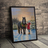 Girl and Black Horse Winter Scene, Christmas Horse Canvas Wall Art, Holiday Equestrian Canvas Print, Horse Lover Decor, Digital Download Art