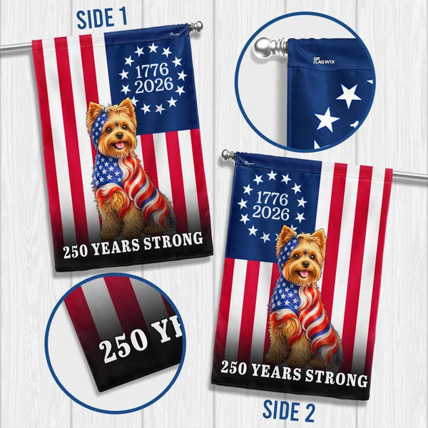 Yorkshire Terrier American Flag Garden Flag | 250 Years Strong 1776-2026 | Double-Sided Polyester | Patriotic Dog Lover Gift