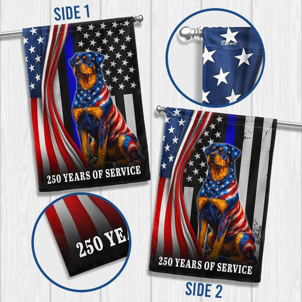Rottweiler Thin Blue Line Garden Flag | 250 Years of Service Patriotic Dog | Double-Sided Weather-Resistant Polyester | Police Support Gift