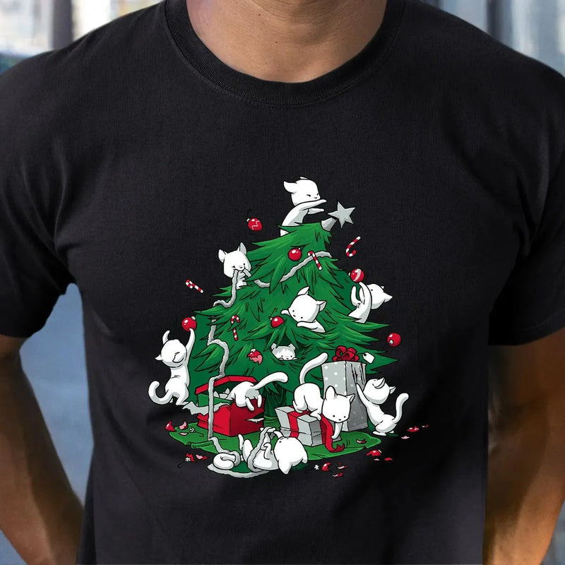 Humorous Holiday Chaos Graphic Tee, Cats Climbing Christmas Tree T-Shirt, Festive Kitty Christmas Shirt, Adorable Cat Lover Winter Top