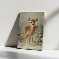 Snowy Forest Deer Canvas Print, Vintage Christmas Fawn Canvas Wall Art, Winter Holiday Wall Decor, Woodland Animal Art Canvas, Festive Present