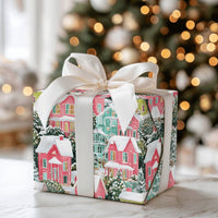 Watercolor Houses Holiday Gift Wrap, Snowy Village Christmas Wrapping Paper, Colorful Winter Town Wrapping Paper, Whimsical Scenic Gift Wrap