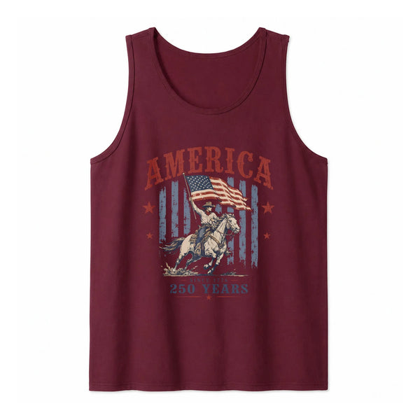 America 250 Years Tank Top | Vintage Cowboy on Horse with Flag Design | Soft Breathable Stretch Fabric | Gift for Patriotic Americans