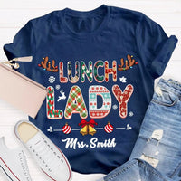 Custom Cafeteria Staff Holiday Shirt, Personalized Lunch Lady Christmas T-Shirt, Snowflake Bells Xmas Graphic Tee, School Worker Present