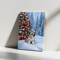 Puppy by Snowy Christmas Tree Print, Schnauzer Christmas Canvas Wall Art, Winter Dog Holiday Canvas, Festive Schnauzer Wall Decor