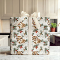 Winter Mountain Lion Gift Wrap, Watercolor Cougar Wrapping Paper, Pine and Berry Christmas Gift Wrap, Snowy Wildlife Holiday Wrapping Paper