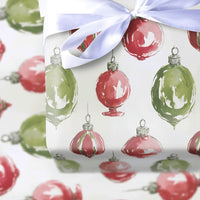 Red and Green Baubles Gift Wrap, Watercolor Christmas Ornament Wrapping Paper, Holiday Ornament Wrapping Paper, Festive Present Packaging Roll