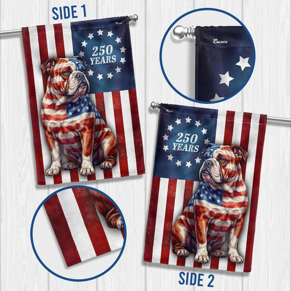 Patriotic Bulldog Garden Flag | 250 Years Betsy Ross Design | Double-Sided Weather-Resistant Polyester | USA Decor for Dog Lovers