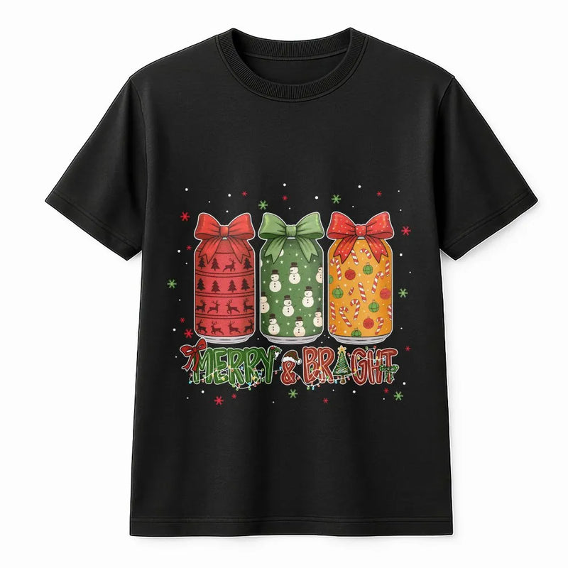 Festive Holiday Bottles Bow Shirt, Merry and Bright Christmas T-Shirt, Adorable Coquette Winter Graphic Tee, Xmas Holiday Season Present for Her