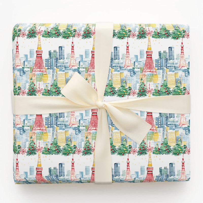 Red Tokyo Tower Holiday Gift Wrap, Tokyo Christmas Wrapping Paper, Watercolor Cityscape Gift Wrap Roll, Japan Travel Xmas Wrapping Paper