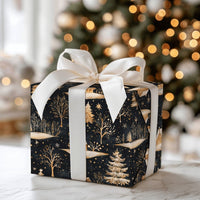 Forest Tree Holiday Gift Wrap, Golden Winter Cabin Wrapping Paper, Rustic Christmas Night Present Wrap, Dark Aesthetic Gift Wrapping Paper