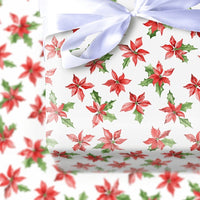 Red Holly Christmas Gift Wrap, Watercolor Poinsettia Wrapping Paper, Botanical Holiday Floral Wrapping Paper, Festive Winter Gift Wrap