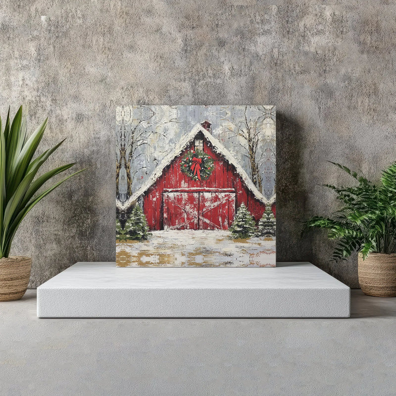 Snowy Winter Farmhouse Painting Print, Red Barn Christmas Canvas Wall Art, Digital Download Rustic Holiday Decor, Country Xmas Poster