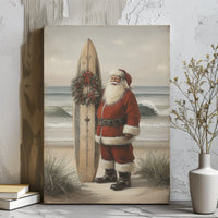 Tropical Christmas Canvas, Beach Santa Canvas Print, Coastal Holiday Wall Art, Beach Surfboard Canvas Decor, Ocean Lover Christmas Present