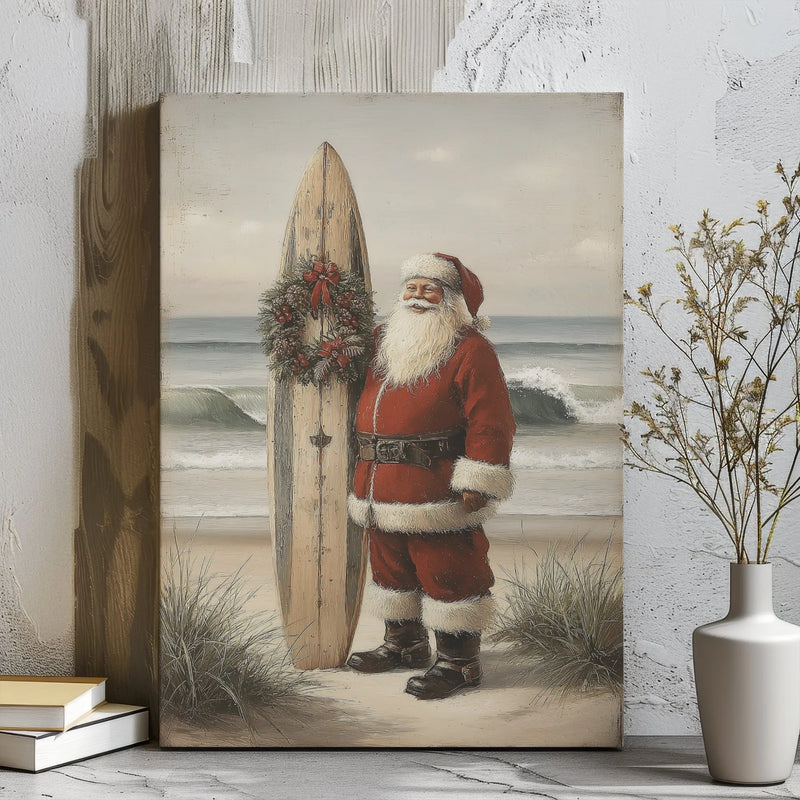 Tropical Christmas Canvas, Beach Santa Canvas Print, Coastal Holiday Wall Art, Beach Surfboard Canvas Decor, Ocean Lover Christmas Present