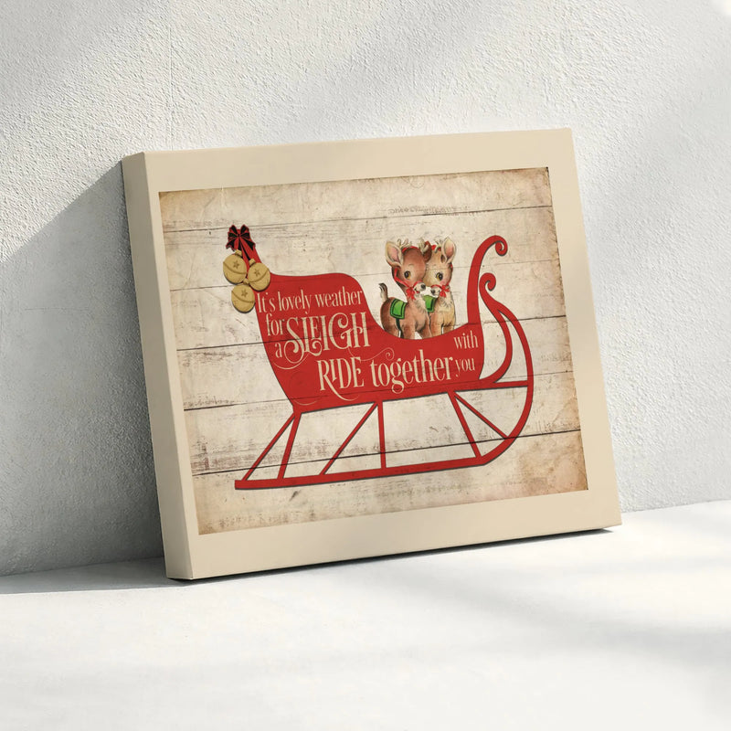 Sleigh Ride Holiday Wall Art, Vintage Christmas Reindeer Canvas, Rustic Xmas Canvas Print, Winter Season Wall Decor, Festive Holiday Present